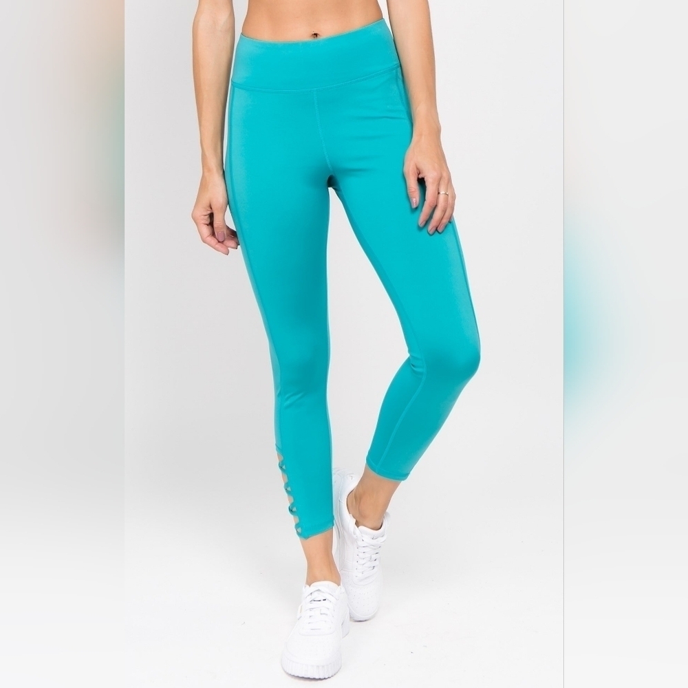 Active Women's Peacock Teal High Waist Criss-cross Ankle Leggings Size S NWT - Picture 2 of 11